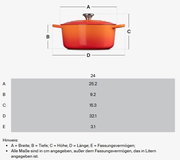 Runde, orangefarbene Marmite mit Deckel, seitlicher Perspektive, 24 cm Durchmesser, 3,1 Liter Fassungsvermögen.