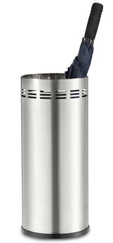 Edelstahl Schirmständer mit einem blauen Regenschirm, seitliche Perspektive