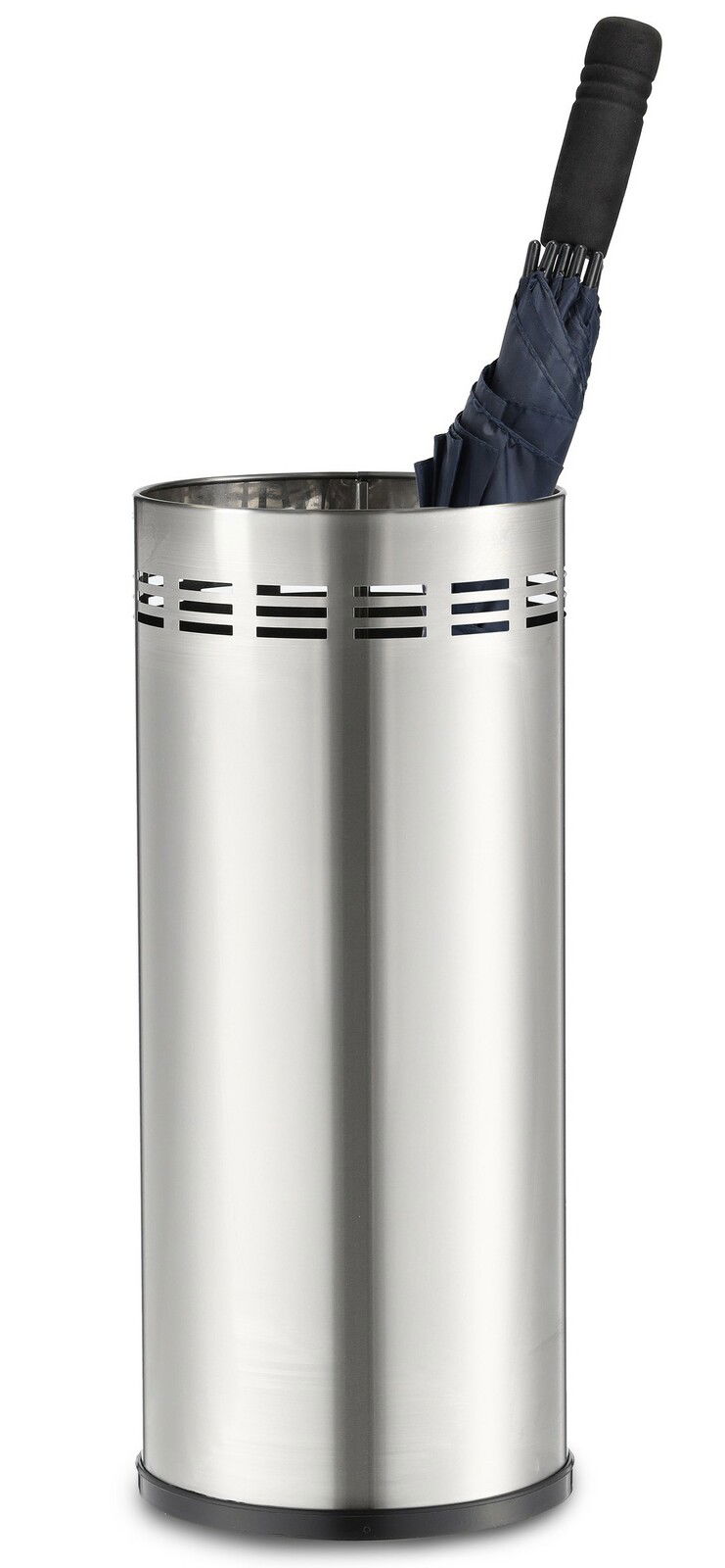 Edelstahl Schirmständer mit einem blauen Regenschirm, seitliche Perspektive