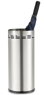 Edelstahl Schirmständer mit einem blauen Regenschirm, seitliche Perspektive