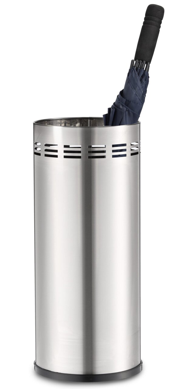 Edelstahl Schirmständer mit einem blauen Regenschirm, seitliche Perspektive