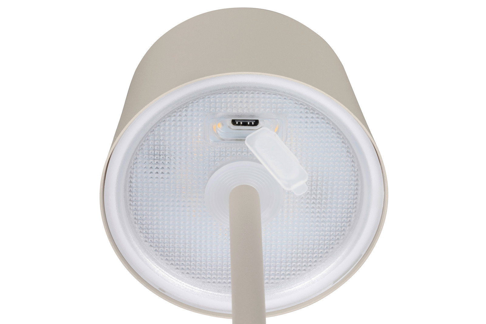 Unteransicht einer Akku-Tischleuchte mit USB-Ladeanschluss.