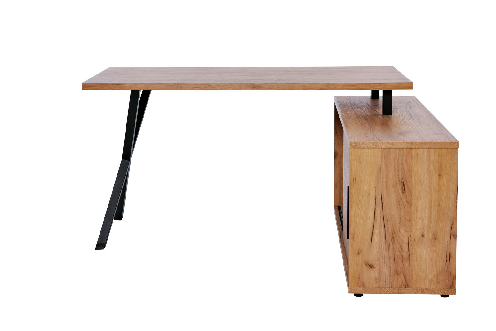 Moderner Eck-Schreibtisch aus Holz mit schwarzem Metallgestell, seitliche Perspektive
