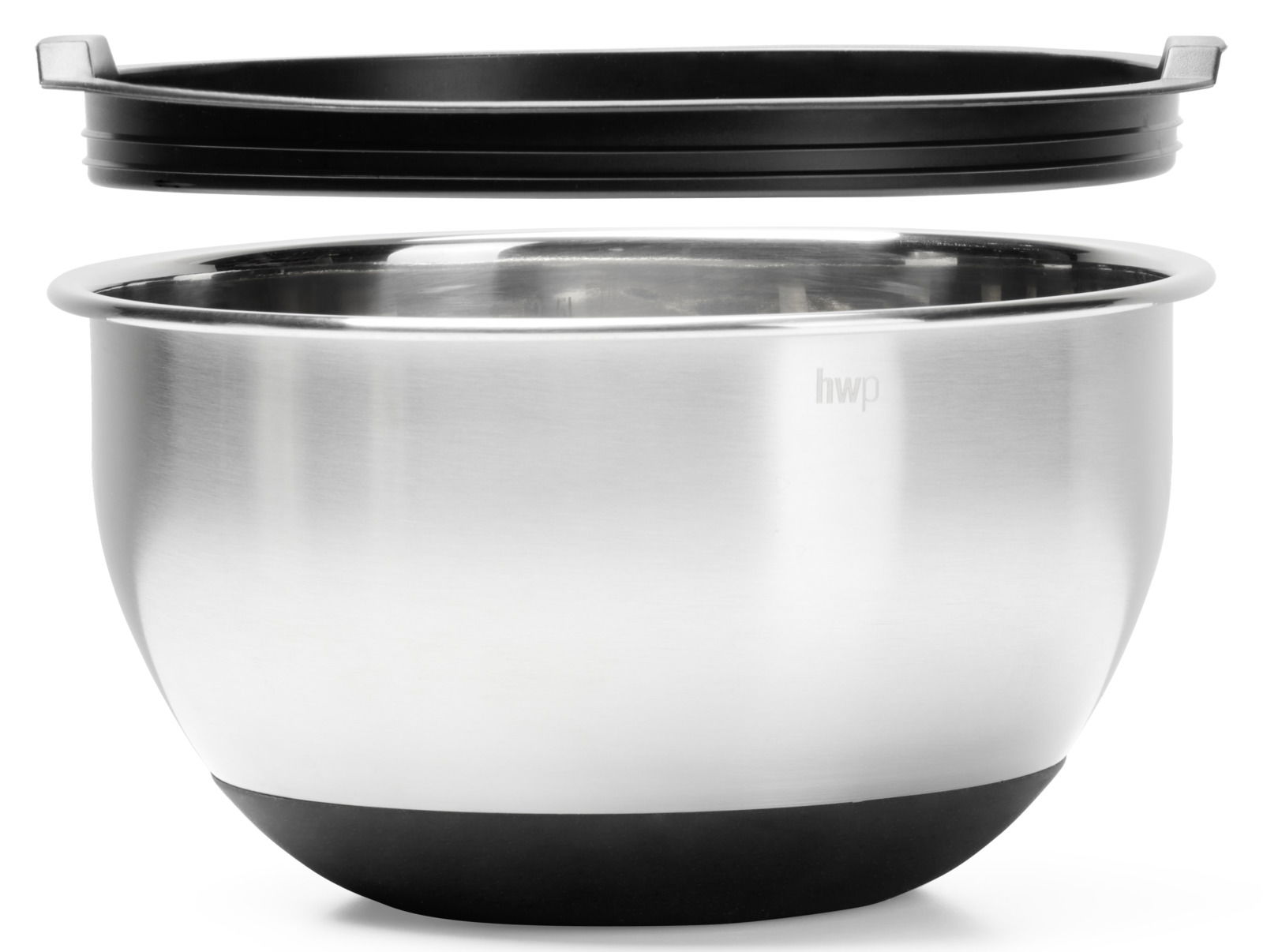 Rührschüssel aus Edelstahl mit schwarzem Deckel, seitliche Perspektive