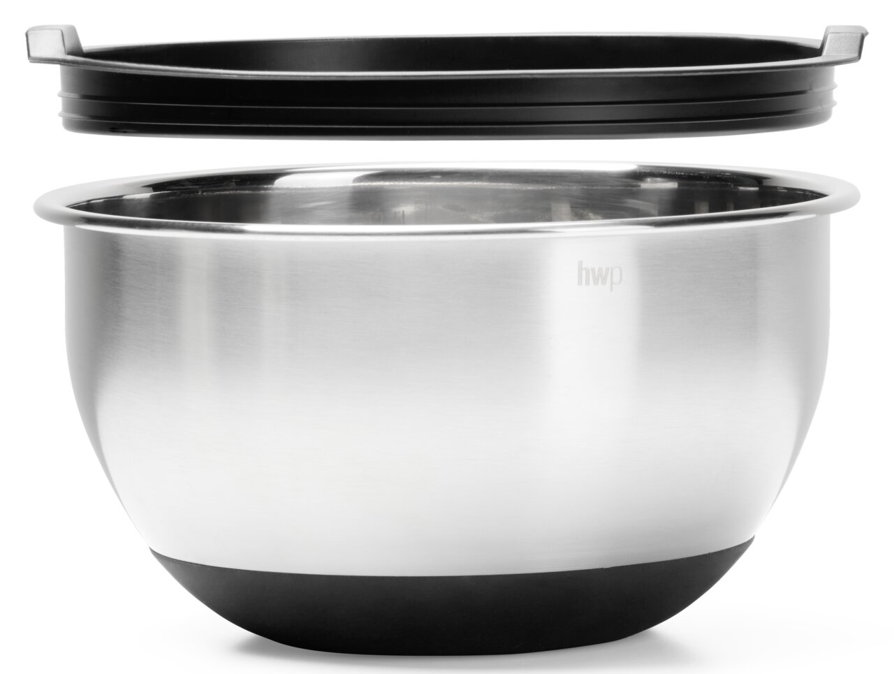 Rührschüssel aus Edelstahl mit schwarzem Deckel, seitliche Perspektive