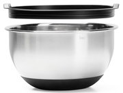 Rührschüssel aus Edelstahl mit schwarzem Deckel, seitliche Perspektive