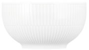 Weiße Müsli-Schale mit geriffeltem Design, seitliche Perspektive
