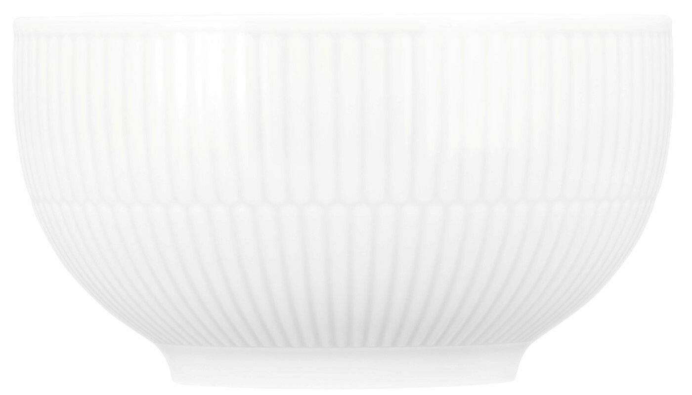 Weiße Müsli-Schale mit geriffeltem Design, seitliche Perspektive