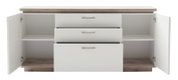 Offenes Sideboard mit zwei Türen und drei Schubladen, aus weißem Material mit Holzoberfläche, frontale Perspektive