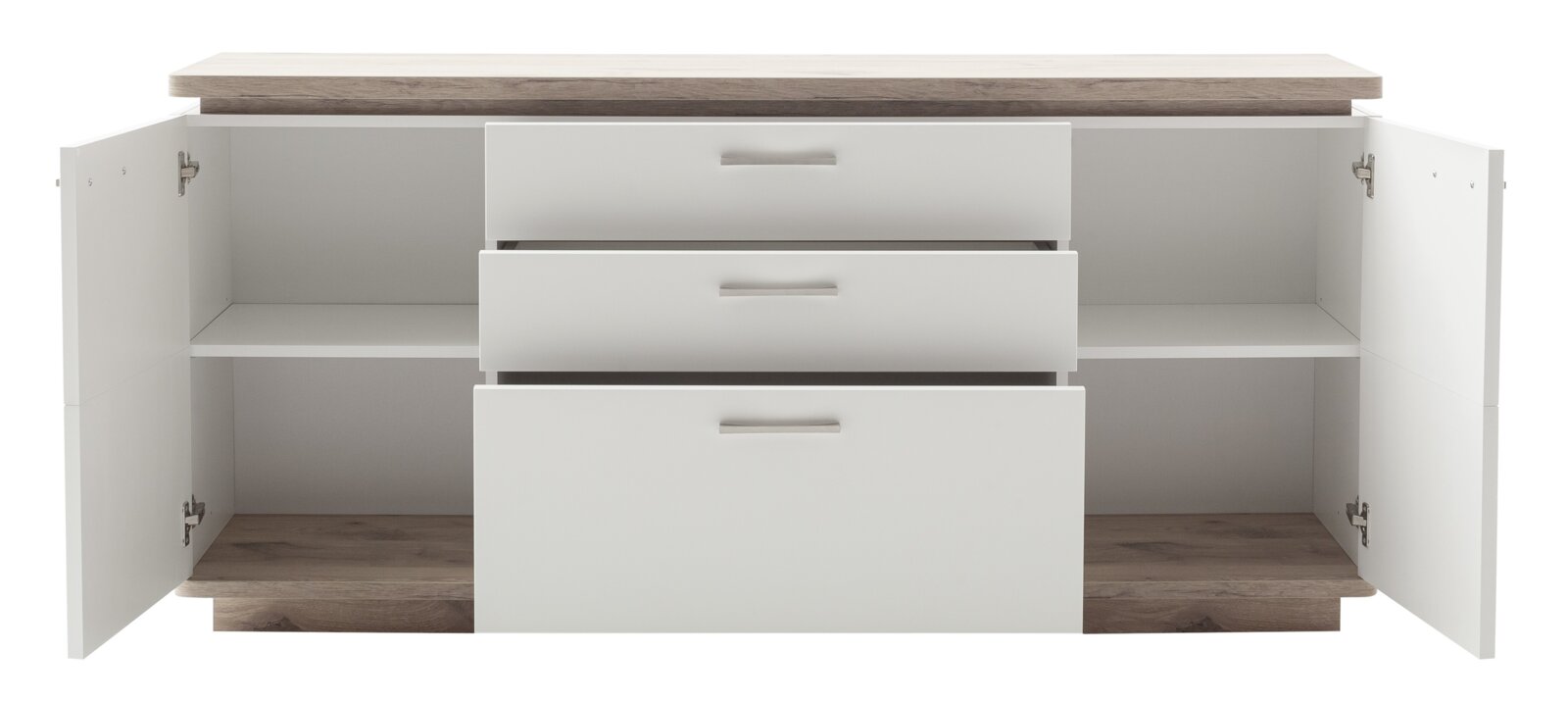 Offenes Sideboard mit zwei Türen und drei Schubladen, aus weißem Material mit Holzoberfläche, frontale Perspektive