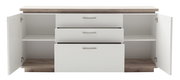 Offenes Sideboard mit zwei Türen und drei Schubladen, aus weißem Material mit Holzoberfläche, frontale Perspektive