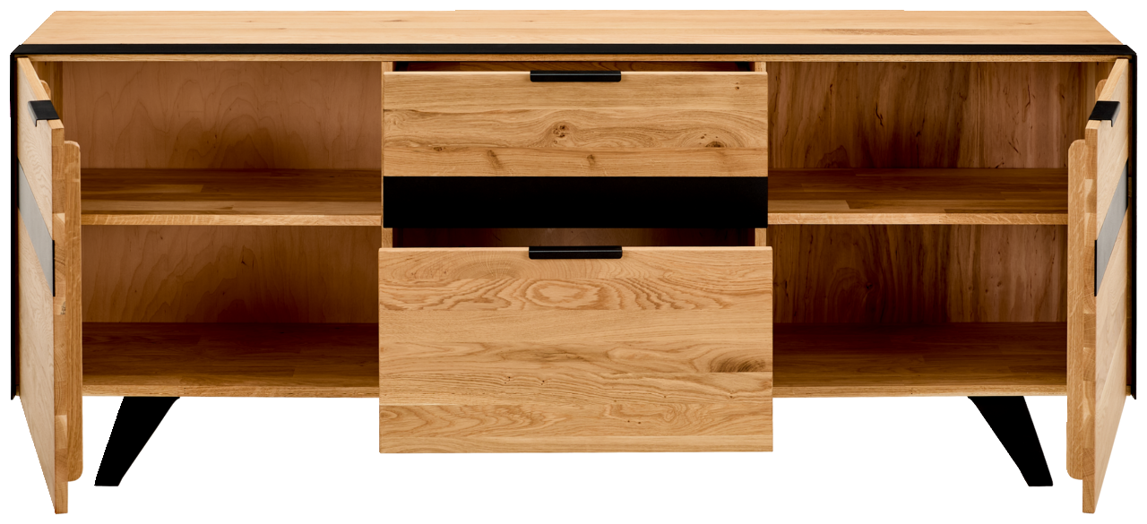 TV-Lowboard aus Holz mit zwei offenen Türen und zwei Schubladen, Frontalansicht