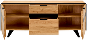 TV-Lowboard aus Holz mit zwei offenen Türen und zwei Schubladen, Frontalansicht