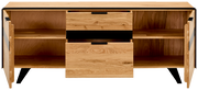 TV-Lowboard aus Holz mit zwei offenen Türen und zwei Schubladen, Frontalansicht
