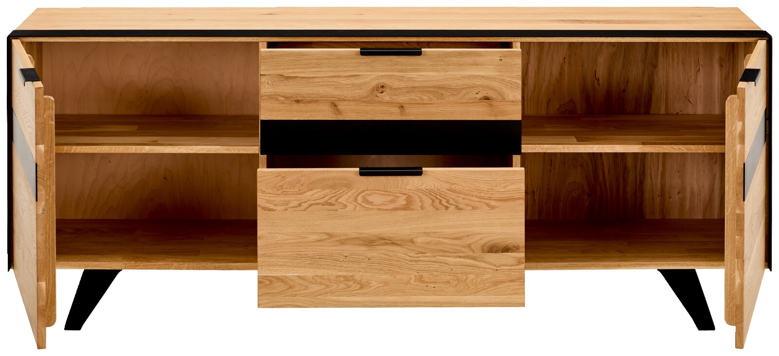 Houten tv-lowboard met twee open deuren en twee lades, vooraanzicht