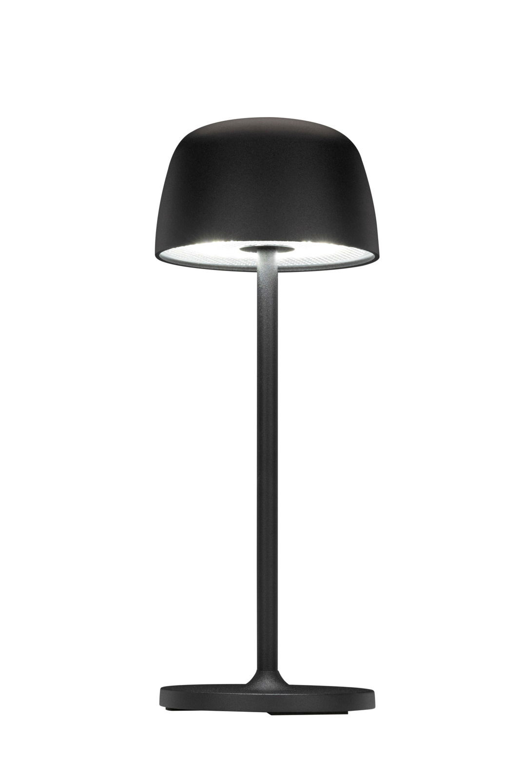 Schwarze Akku-Tischleuchte mit modernem Design, seitliche Perspektive