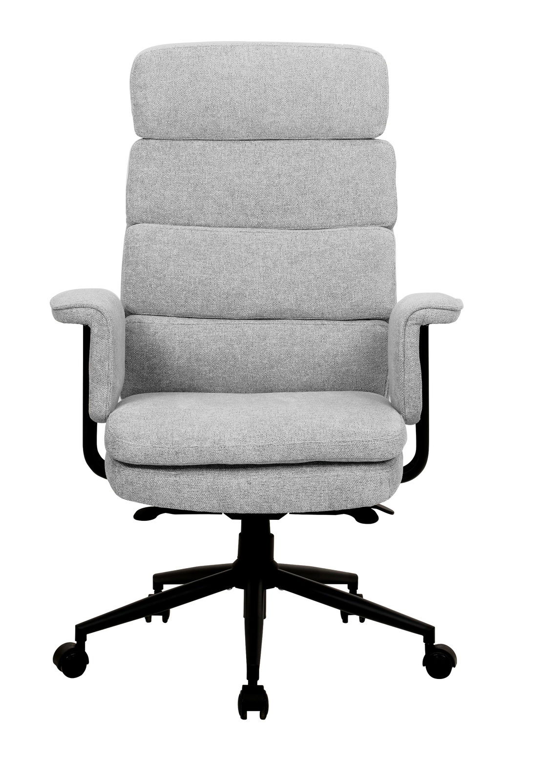 Grauer Chefsessel mit gepolstertem Sitz und Rückenlehne, Armlehnen und Rollen, Frontalansicht.