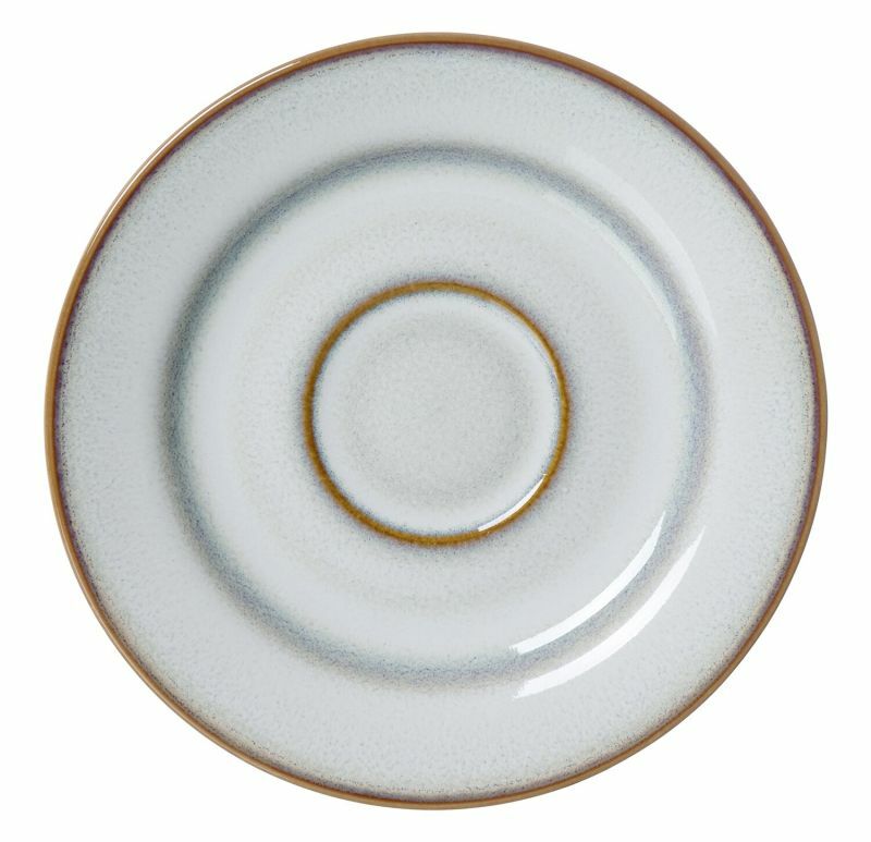 Espressounterteller 12,5 cm aus der Vogelperspektive, mit einem dezenten, grauen Muster und braunem Rand.