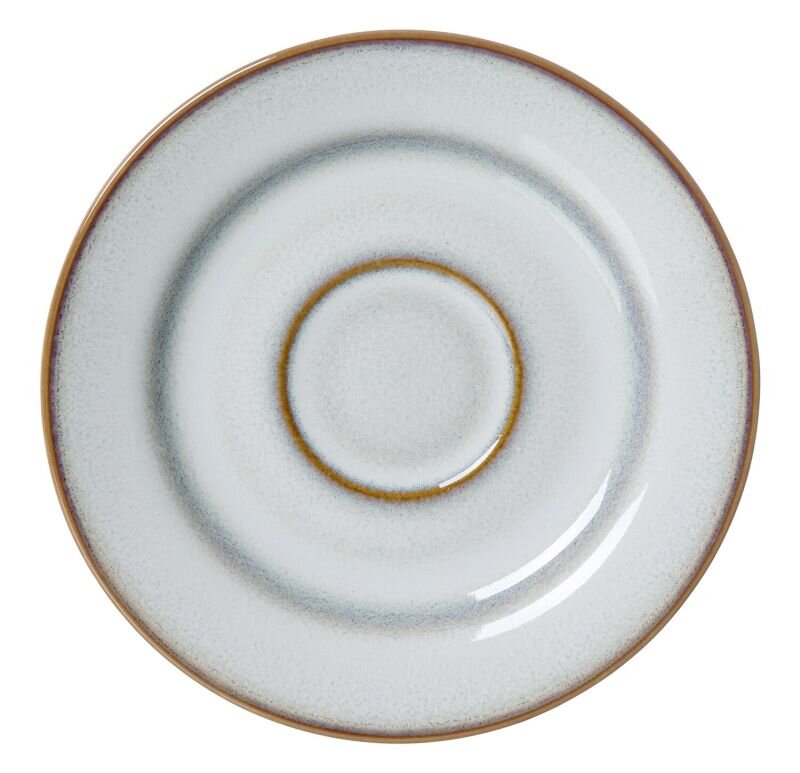 Ritzenhoff & Breker Espressounterteller PORTOFINO Espressounterteller 12,5 cm aus der Vogelperspektive, mit einem dezenten, grauen Muster und braunem Rand.