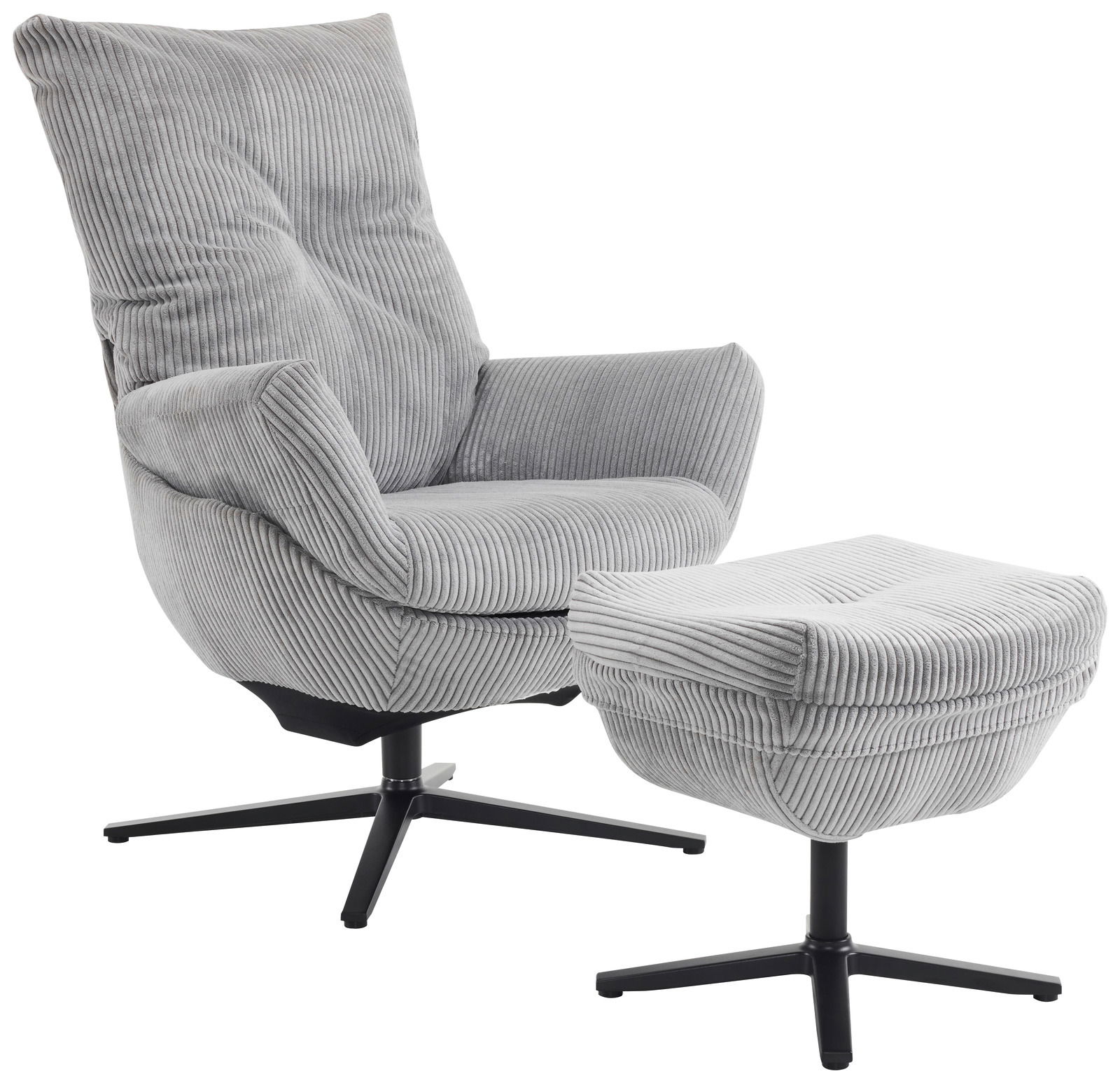 Grauer Relaxsessel mit Hocker aus geripptem Stoff, seitliche Perspektive