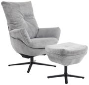 Grauer Relaxsessel mit Hocker aus geripptem Stoff, seitliche Perspektive