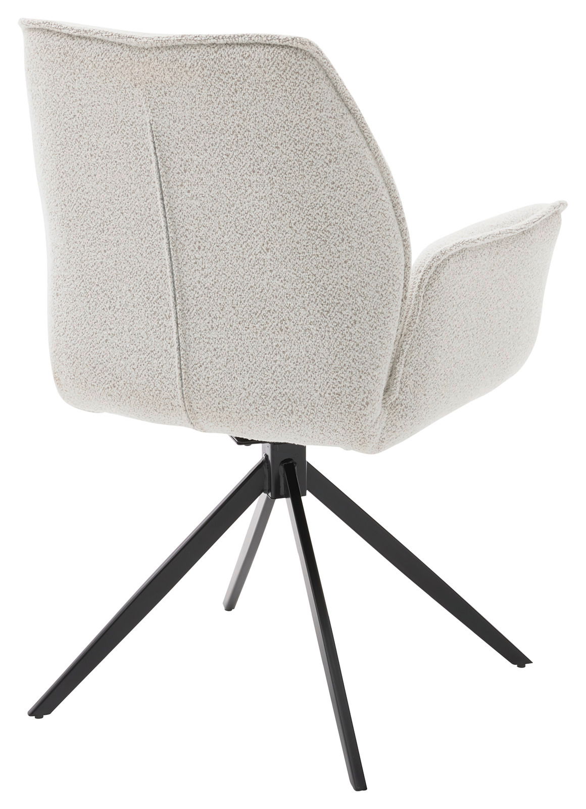 Rückansicht eines modernen Armlehnstuhls mit hellgrauem Stoffbezug und schwarzem Metallgestell.