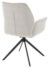 Rückansicht eines modernen Armlehnstuhls mit hellgrauem Stoffbezug und schwarzem Metallgestell.