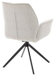 Rückansicht eines modernen Armlehnstuhls mit hellgrauem Stoffbezug und schwarzem Metallgestell.