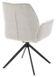 Rückansicht eines modernen Armlehnstuhls mit hellgrauem Stoffbezug und schwarzem Metallgestell.