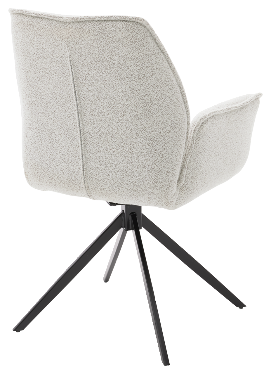 Rückansicht eines modernen Armlehnstuhls mit hellgrauem Stoffbezug und schwarzem Metallgestell.