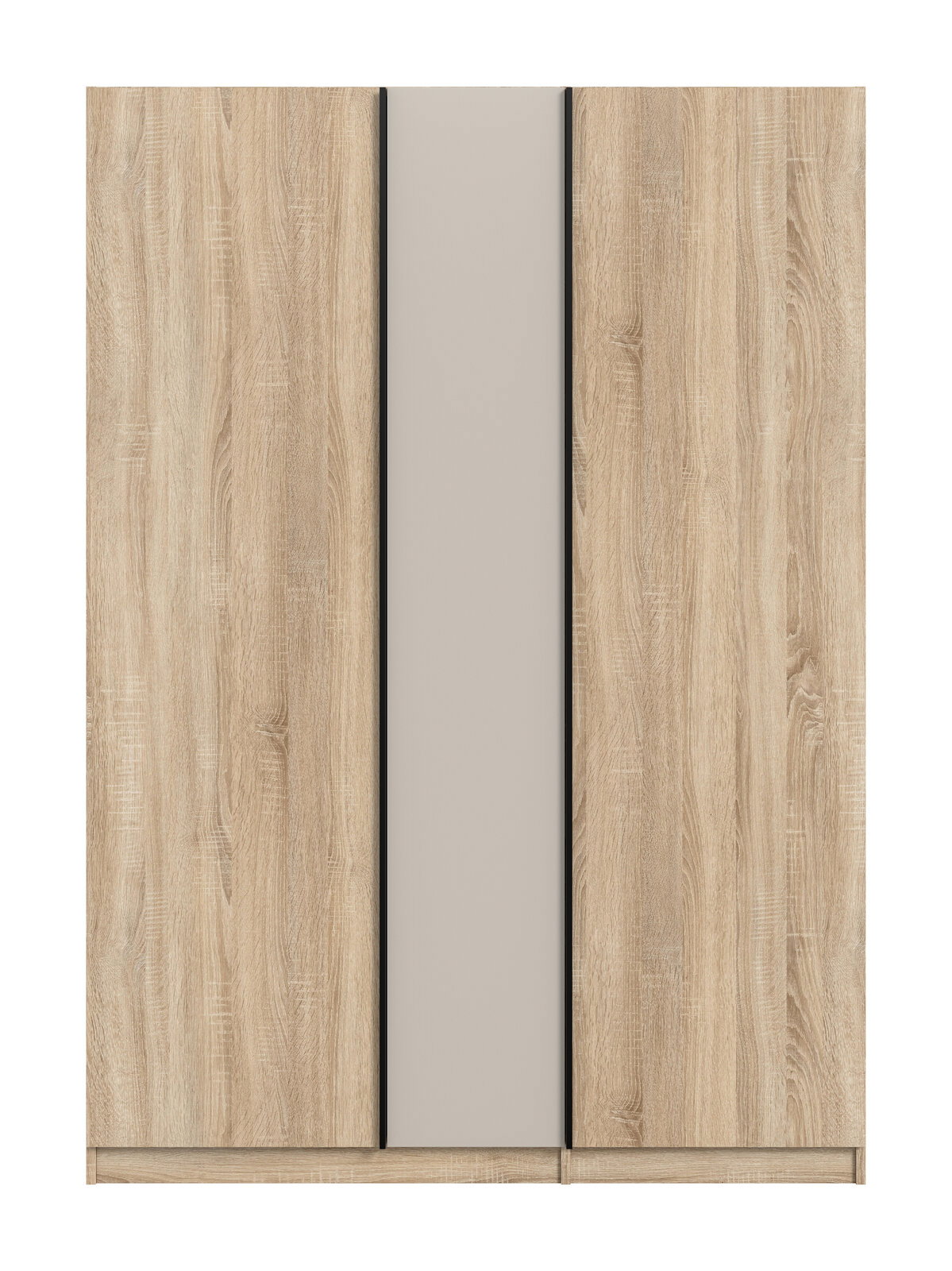 Frontansicht eines dreitürigen Kleiderschranks in heller Holzoptik mit mittlerer grauer Tür und schmalen schwarzen Griffleisten