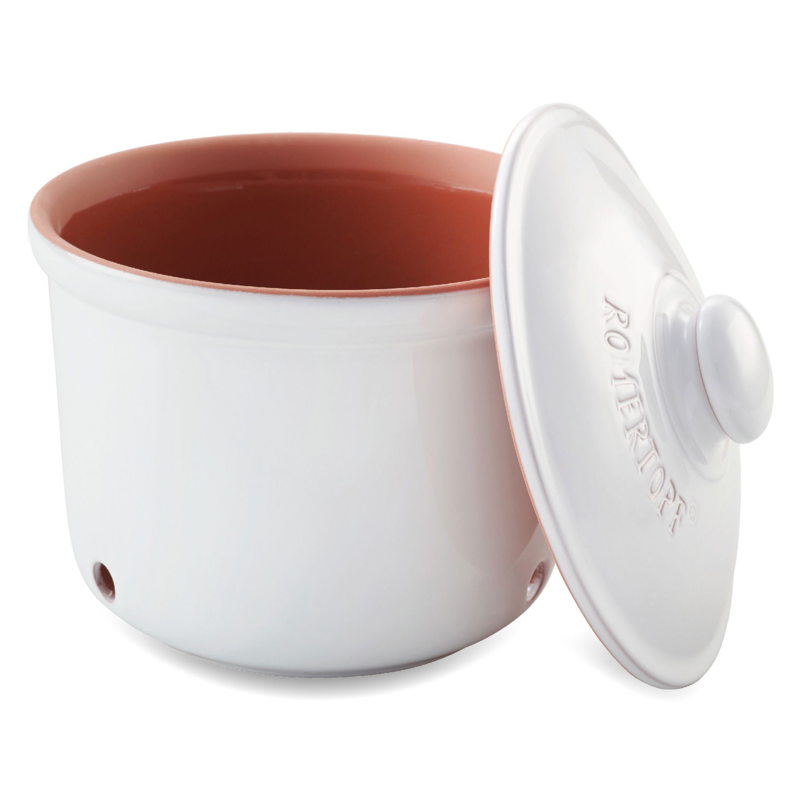 Weißer Keramiktopf mit abnehmbarem Deckel, seitliche Perspektive