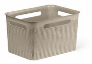 Große beige Aufbewahrungsbox mit Griffen und perforiertem Design, seitliche Perspektive