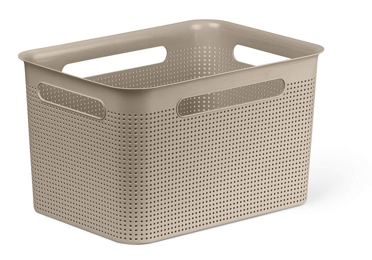 Große beige Aufbewahrungsbox mit Griffen und perforiertem Design, seitliche Perspektive