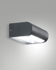 Moderne LED-Außenwandleuchte in seitlicher Perspektive, anthrazitfarbenes Gehäuse mit nach unten gerichtetem Licht.