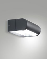 Moderne LED-buitenwandlamp in zijaanzicht, antracietkleurige behuizing met naar beneden gerichte verlichting.