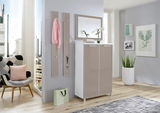 Modernes Garderoben-Set mit Spiegel und Schrank in einem hellen Raum, seitliche Perspektive.