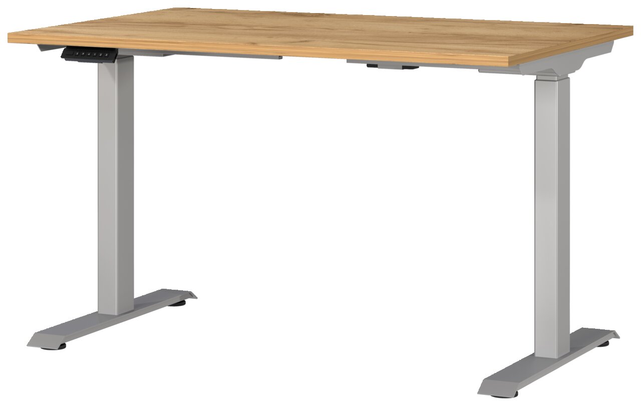 Elektrisch höhenverstellbarer Schreibtisch mit Holzplatte und grauem Metallgestell, seitliche Perspektive