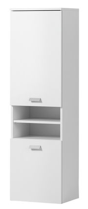 Weißer Hochschrank mit zwei Türen und einem offenen Regal in Frontalansicht.