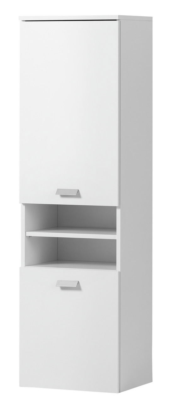 Weißer Hochschrank mit zwei Türen und einem offenen Regal in Frontalansicht.