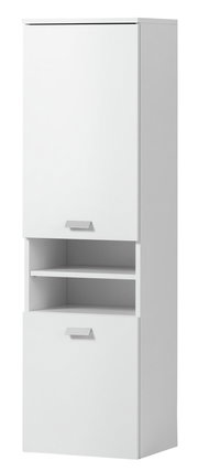 Weißer Hochschrank mit zwei Türen und einem offenen Regal in Frontalansicht.