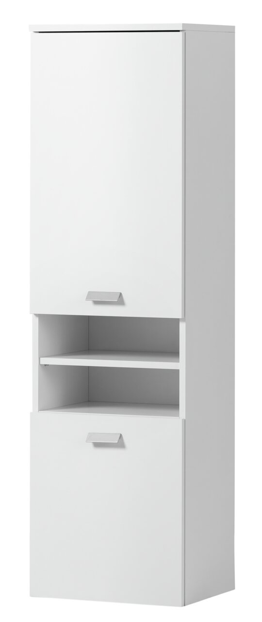 Weißer Hochschrank mit zwei Türen und einem offenen Regal in Frontalansicht.