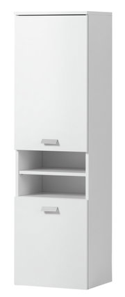 Weißer Hochschrank mit zwei Türen und einem offenen Regal in Frontalansicht.