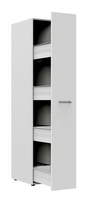 Weißer Apothekerschrank mit offener Tür, seitliche Perspektive