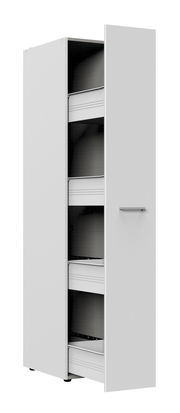 Weißer Apothekerschrank mit offener Tür, seitliche Perspektive