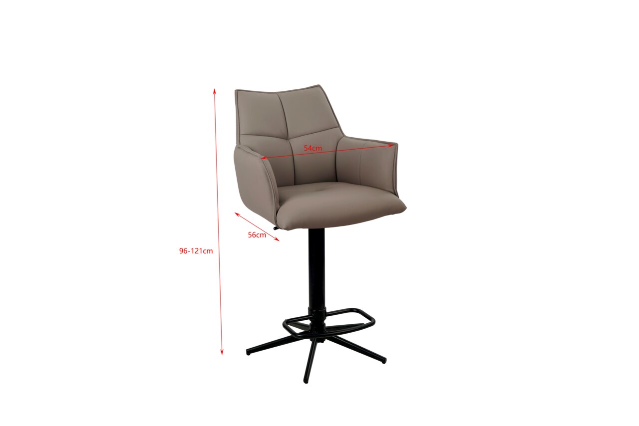 Barstuhl MIAMI in seitlicher Ansicht mit verstellbarer Höhe von 96-121 cm, gepolstertem Sitz und Rückenlehne in Beige, auf schwarzem Metallfuß mit Fußstütze.