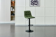 Grüner Barhocker mit schwarzem Metallfuß, seitliche Perspektive