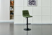 Grüner Barhocker mit schwarzem Metallfuß, seitliche Perspektive