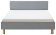 Frontale Ansicht eines grauen Polsterbetts mit Holzfüßen und schlichtem Design.