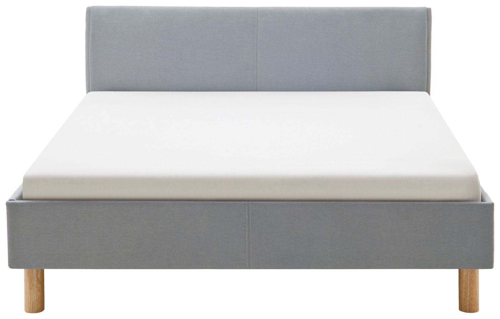 Frontale Ansicht eines grauen Polsterbetts mit Holzfüßen und schlichtem Design.